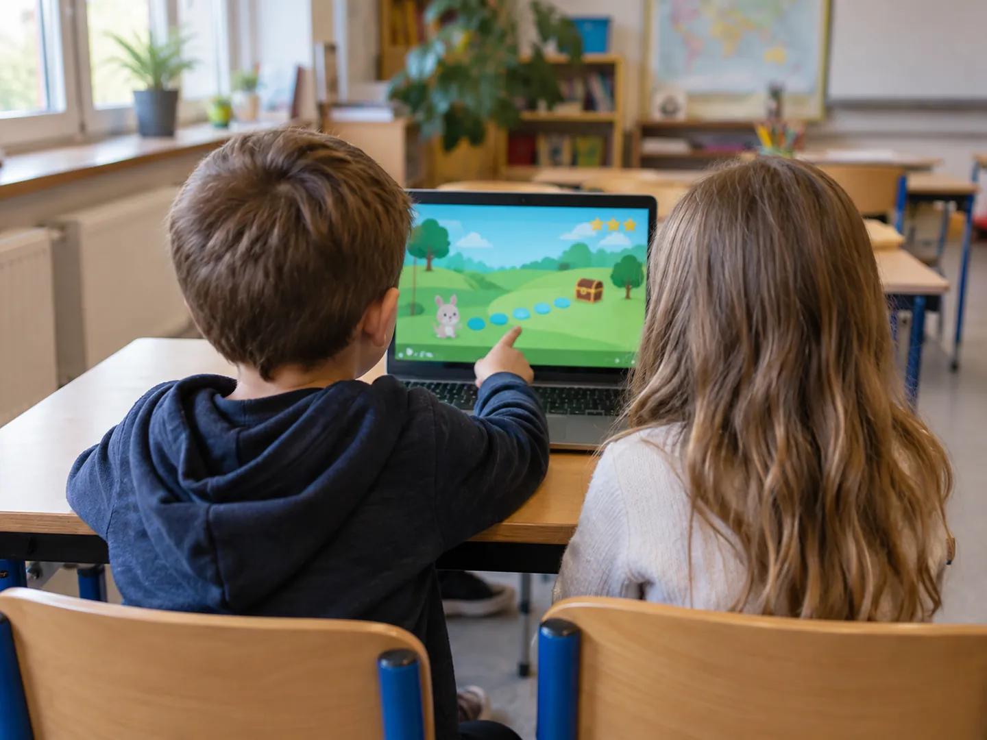 Two children seen from behind at a classroom desk, pointing at a laptop screen with a simple animated game
