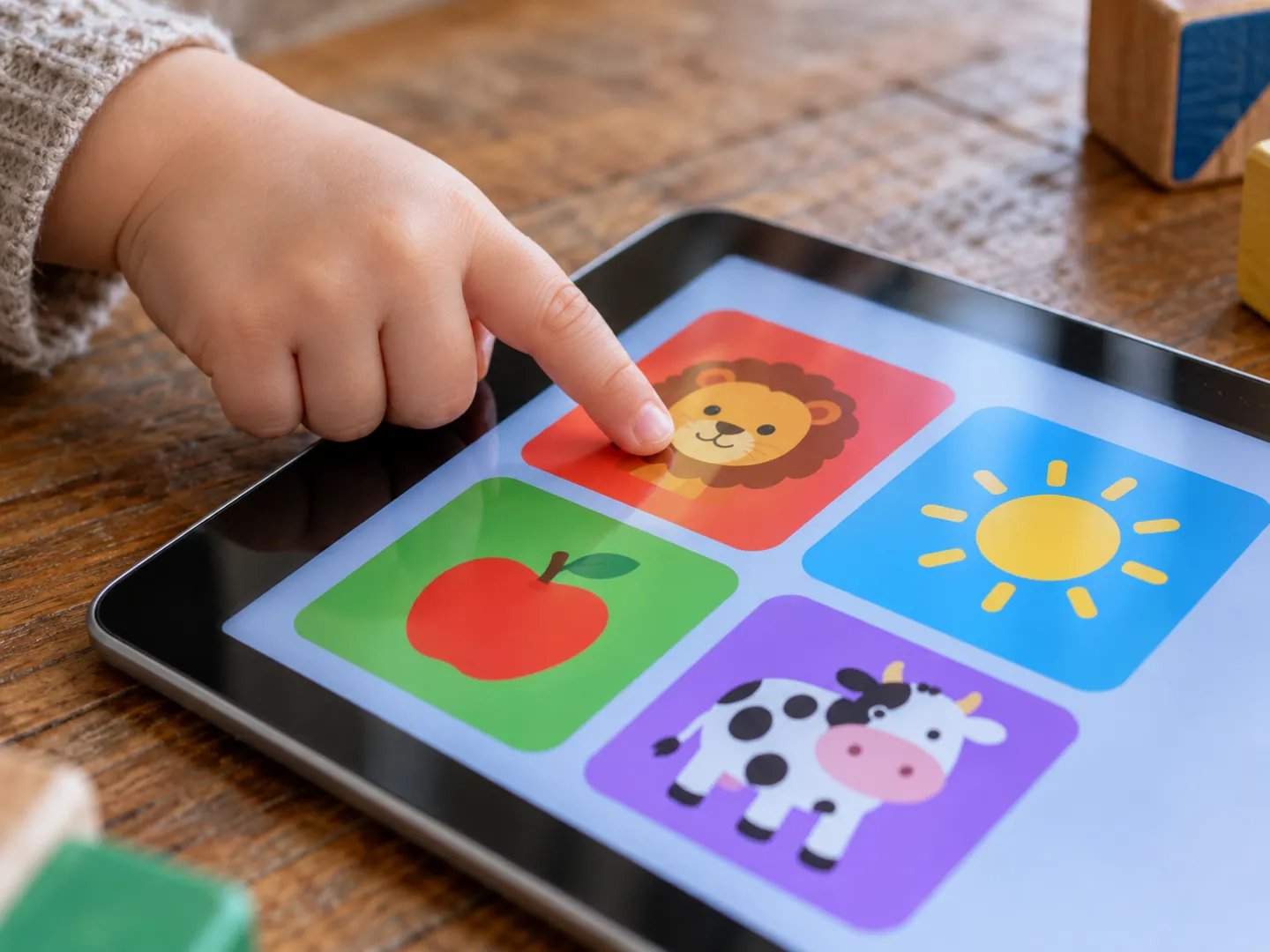 A small child's finger tapping large picture blocks on a tablet lying flat on a wooden table