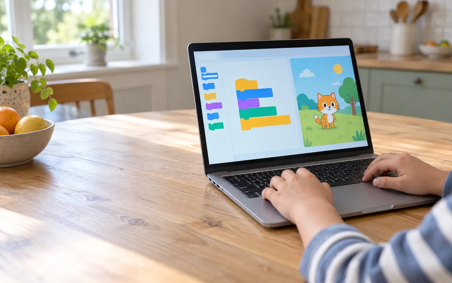 A child's hands on a laptop keyboard at a kitchen table, the screen showing colourful coding blocks beside a cartoon character